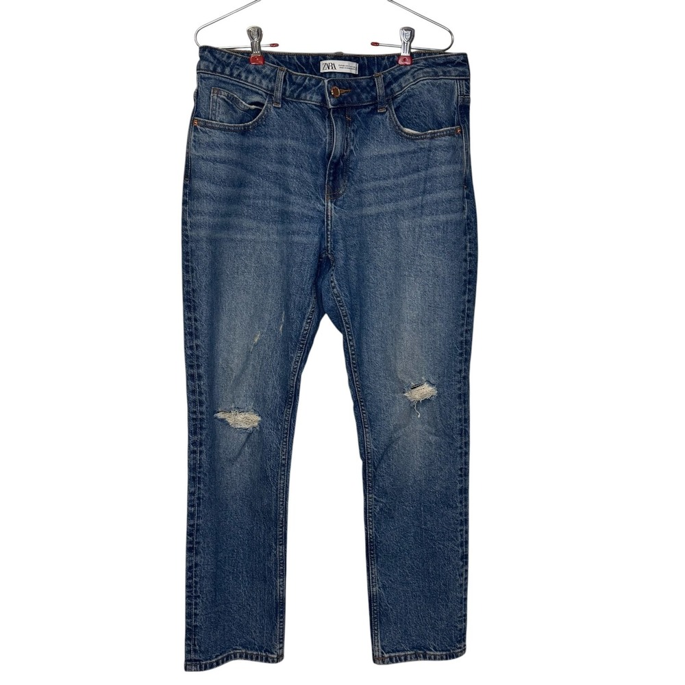 Zara Women's Jeans Distressed Boyfriend Tapered Wash Denim Blue Mid Rise Size 8